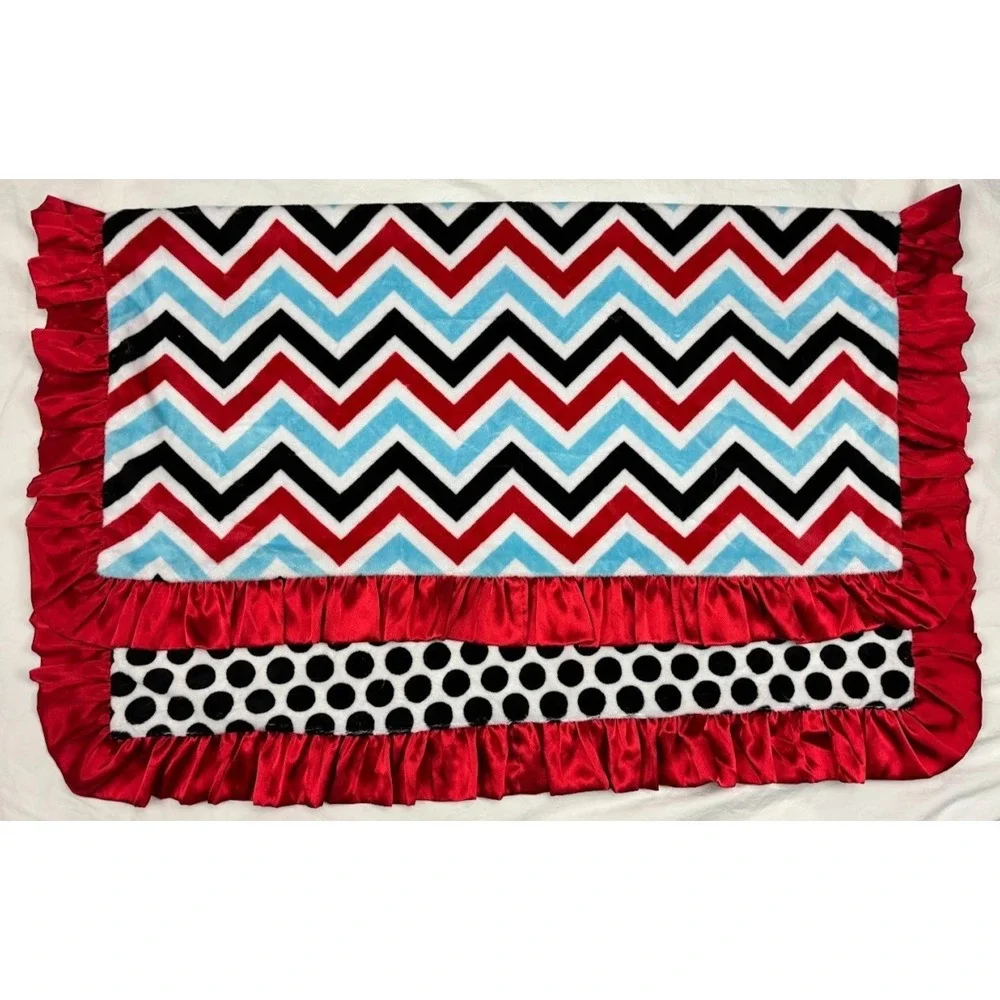 Minky Couture ?‎ Red Black Blue White Chevron Polka Dot Baby Blanket Satin Trim